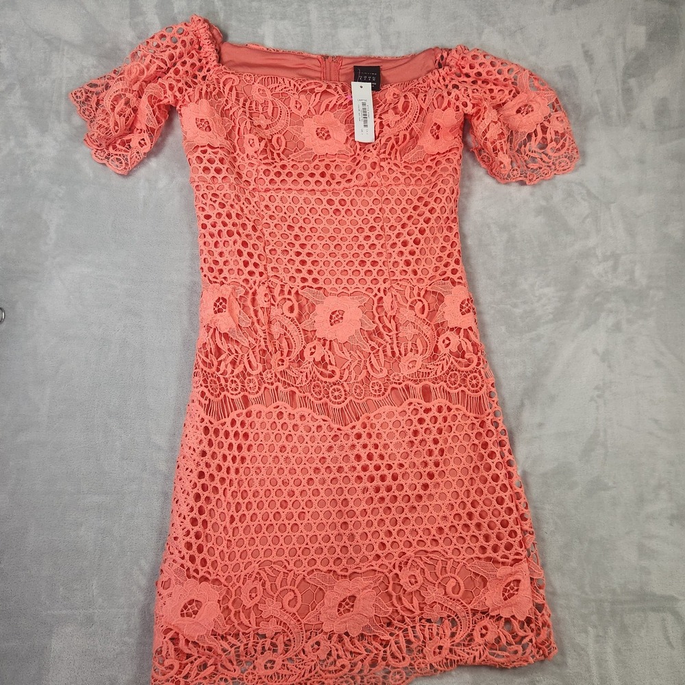 Cartise Coral Knee Length Lace Overlay Dress Off Shoulder 2 Formal Cocktail Y2K